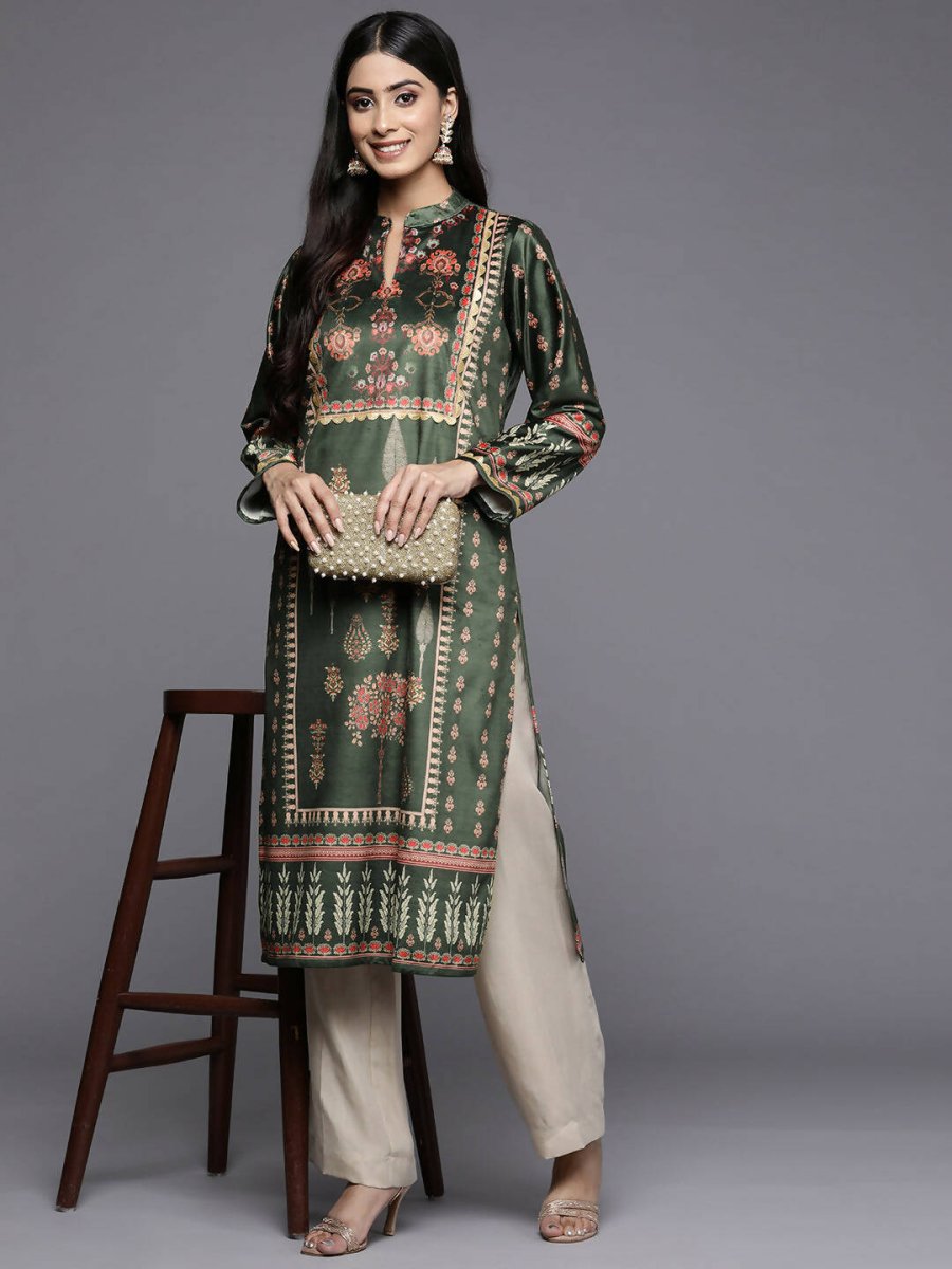 Ahalyaa Women Green & Pink Ethnic Motifs Printed Gotta Patti Velvet Kurta