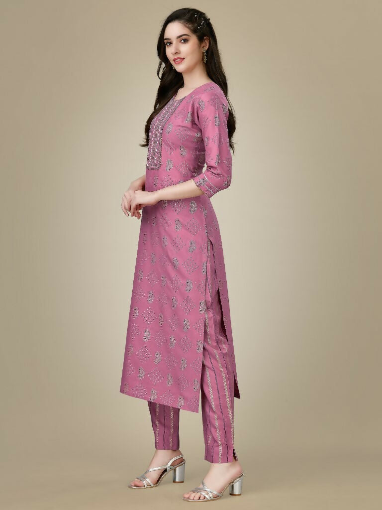 Jyoti Fashion Women's Purple Rayon Embroidered Kurta Pant Set