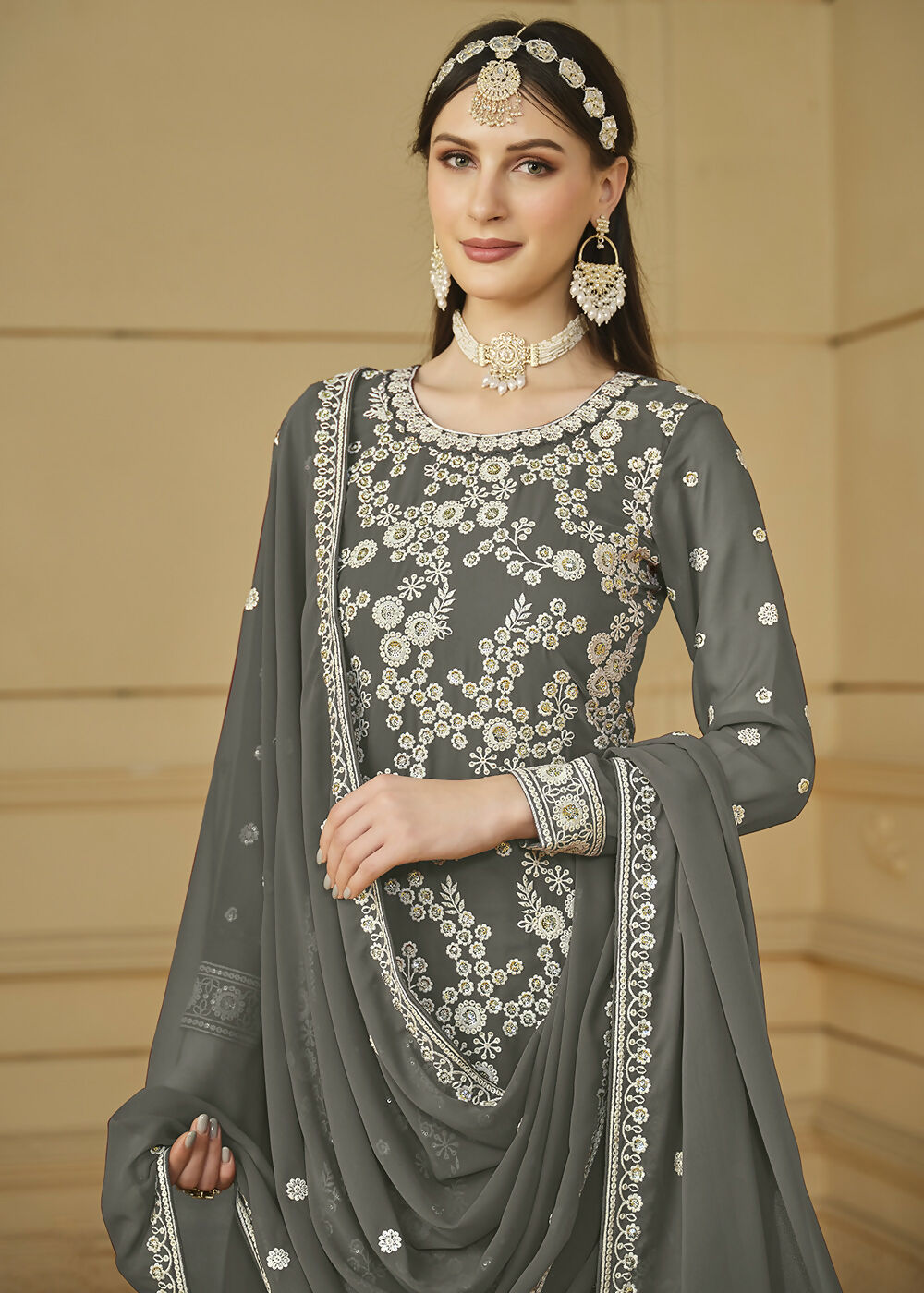 Stone Grey Embroidered Georgette Gharara Style Suit - Emponline