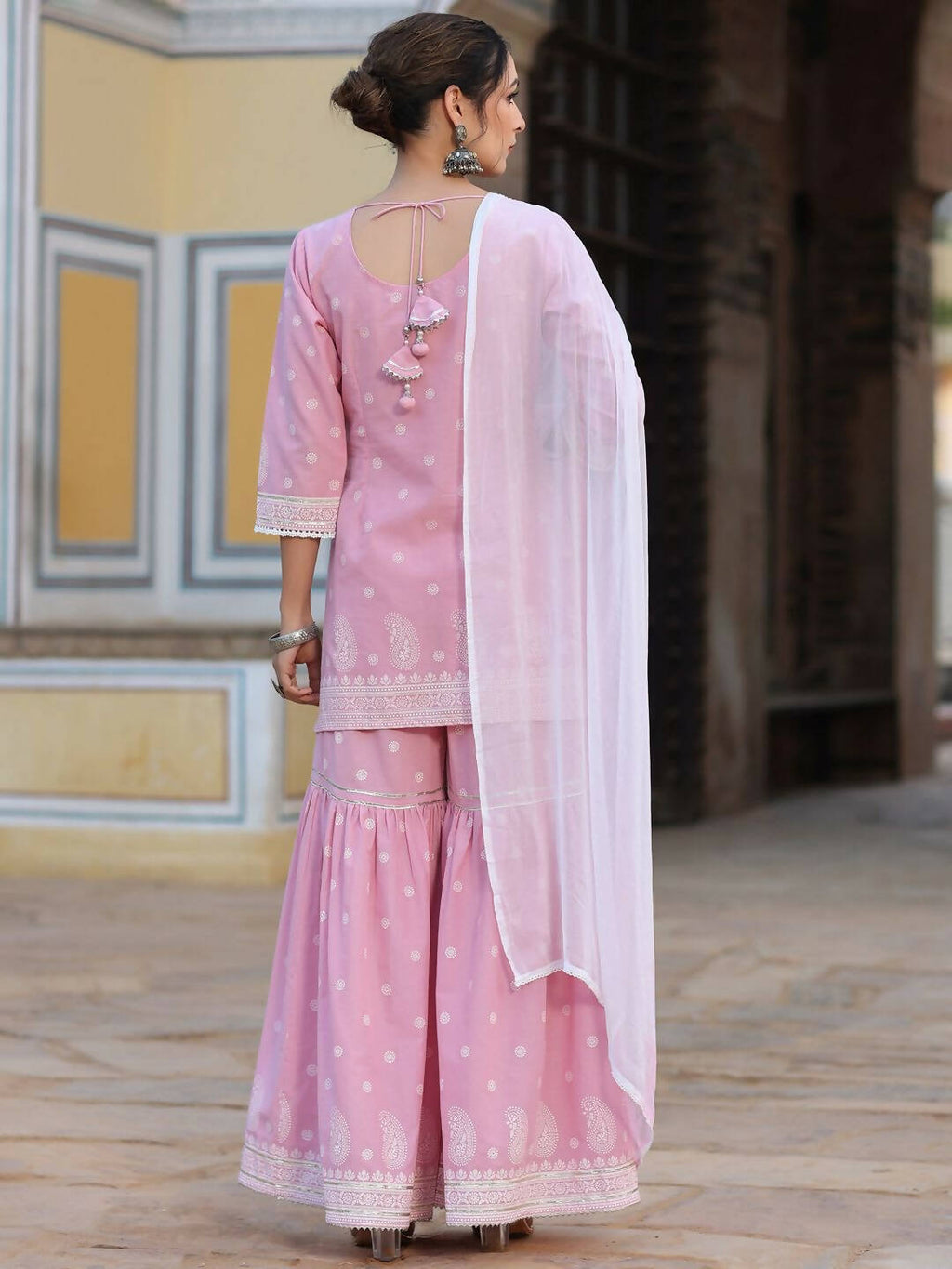 Juniper Women's Pink Cambric Floral Print Kurta Sharara Sets