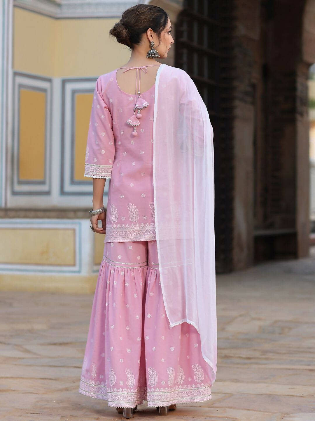 Juniper Women's Pink Cambric Floral Print Kurta Sharara Sets