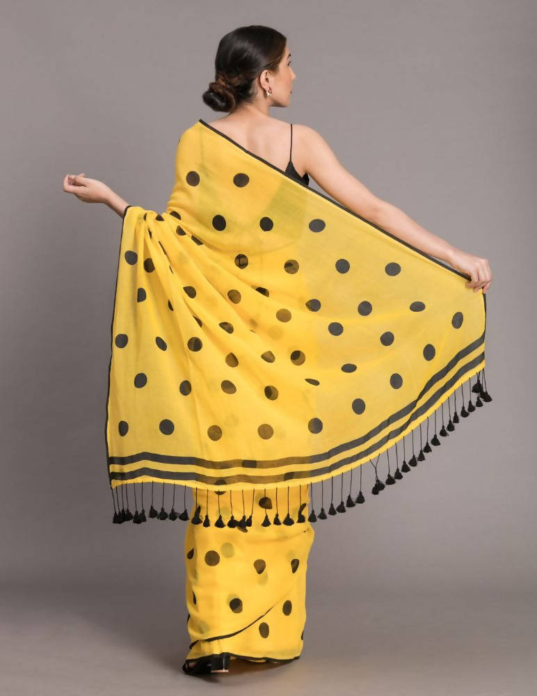 Suta Yellow and Black Polka Printed Pure Cotton Saree
