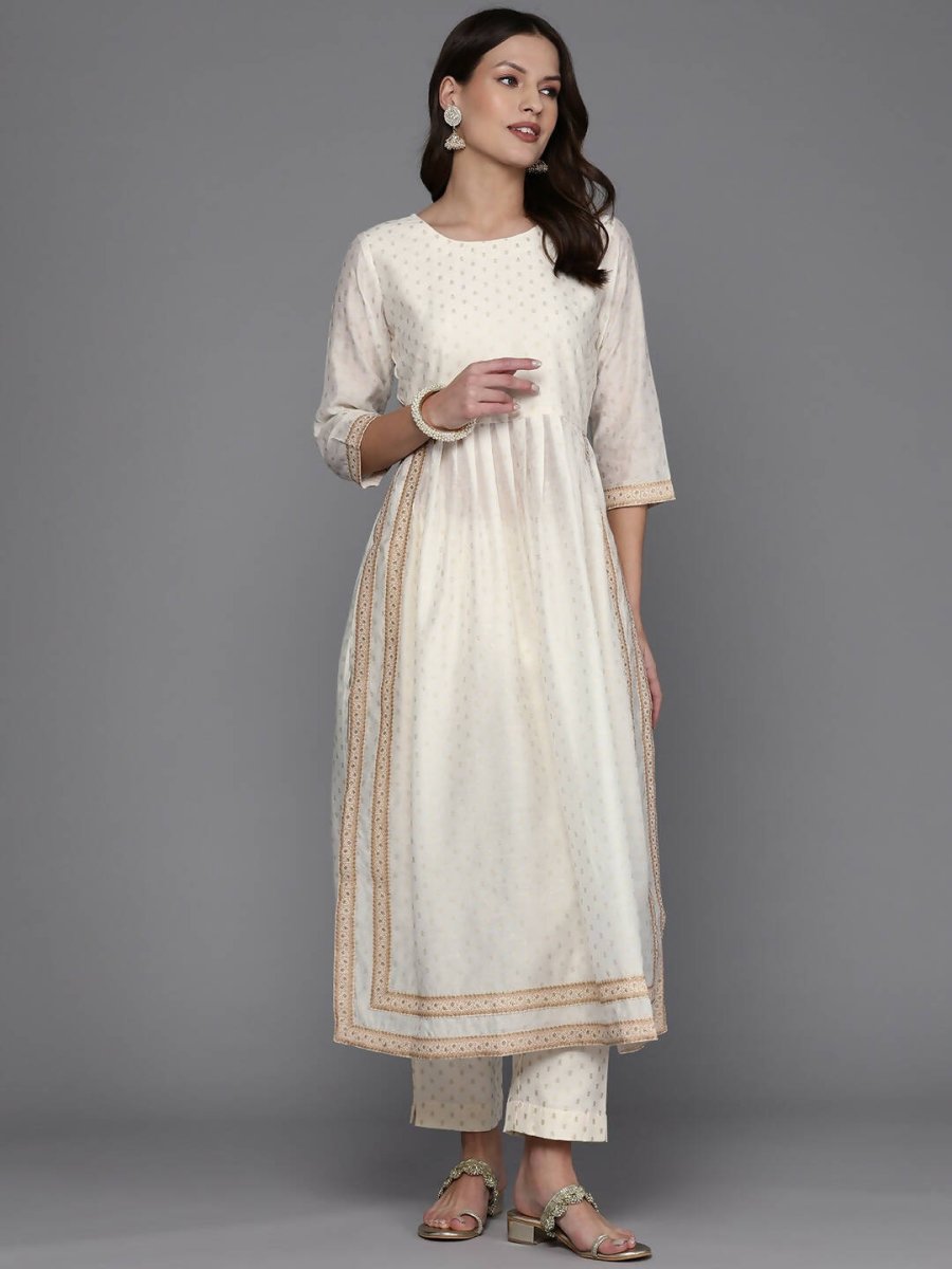 Ahalyaa Women Printed Pleated Kurta with Trousers - Off White Color