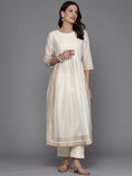 Ahalyaa Women Printed Pleated Kurta with Trousers - Off White Color