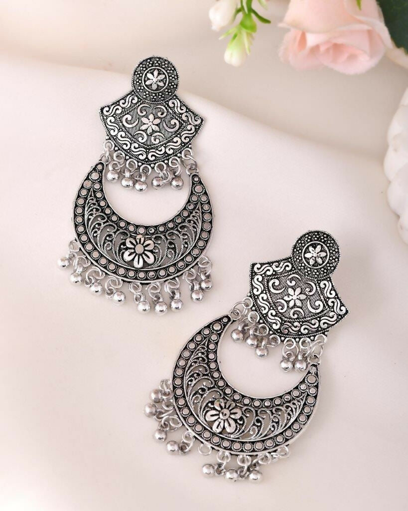 VOJ Silver Plated Oxidized Chandbali Earrings