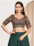 Joban Fashion Navy Blue Brocade Padded Blouse With Sweetheart Neck Elbow Sleeves