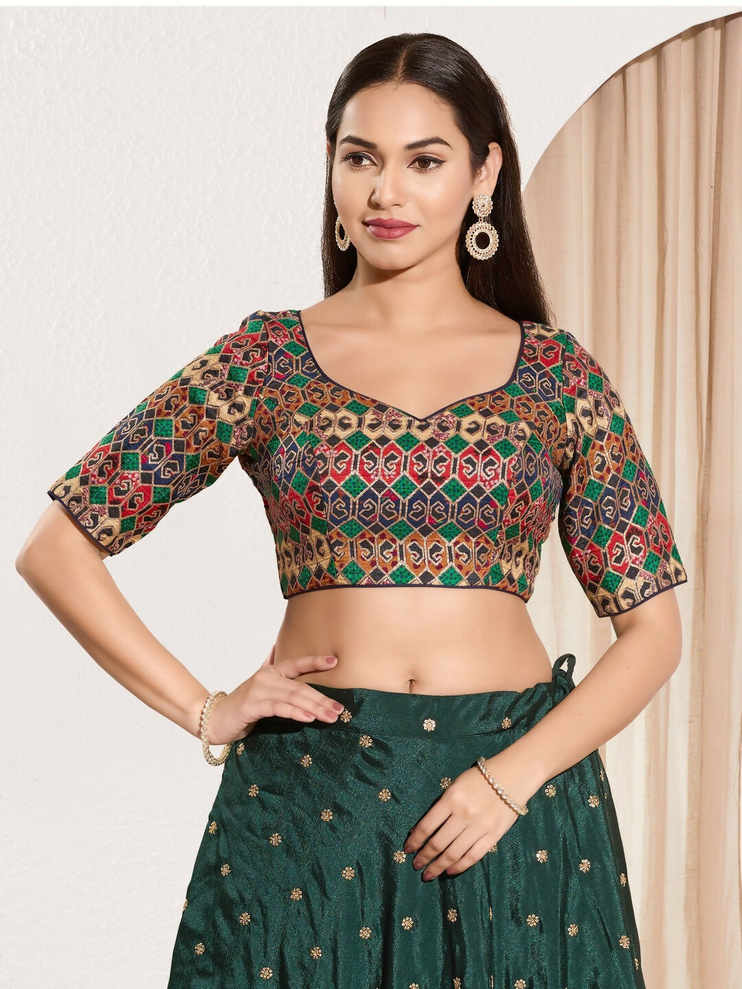 Joban Fashion Navy Blue Brocade Padded Blouse With Sweetheart Neck Elbow Sleeves