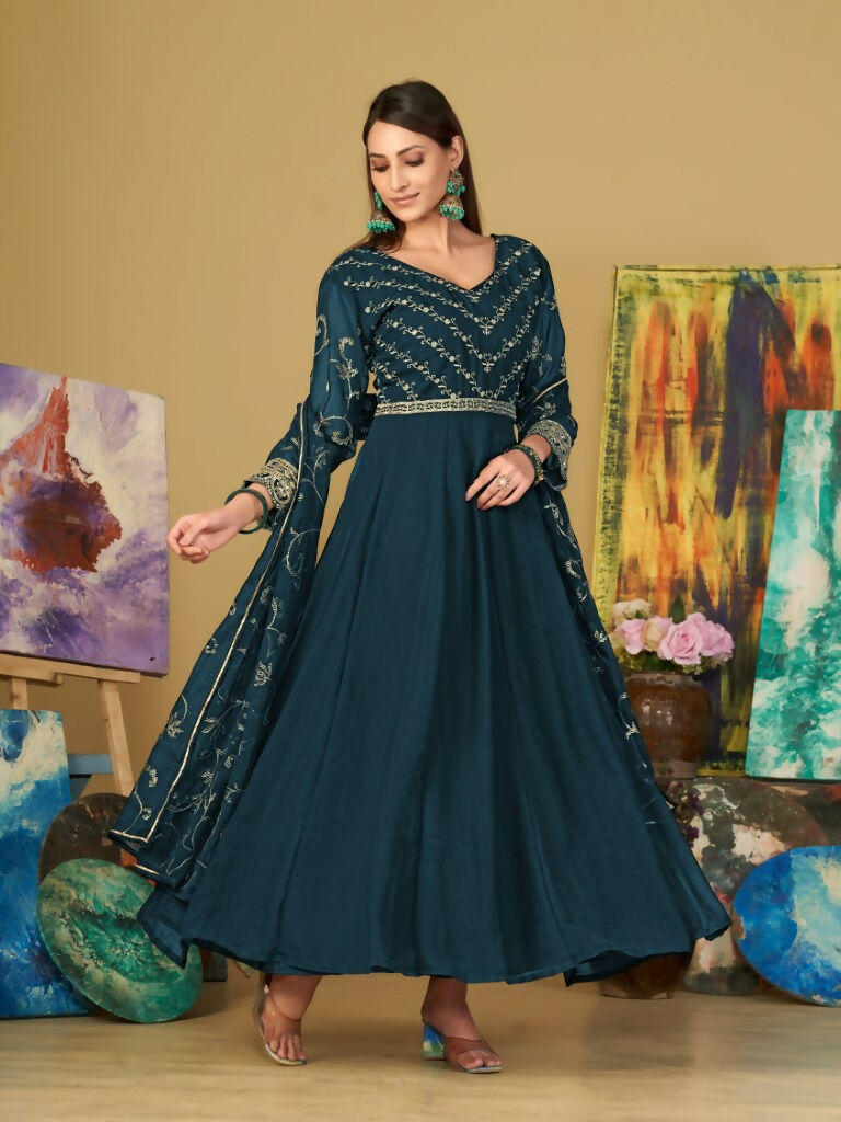 Jyoti Fashion Women's Teal Georgette Embroidered Anarkali Kurta Pant Set With Dupatta
