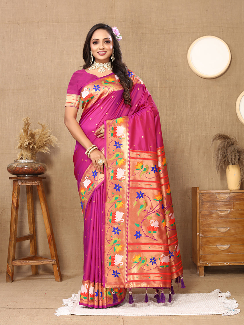 Lorenvalley Fashion Magenta Soft Paithani Silk Woven Design Rich Zari Meenakari Weaving Saree