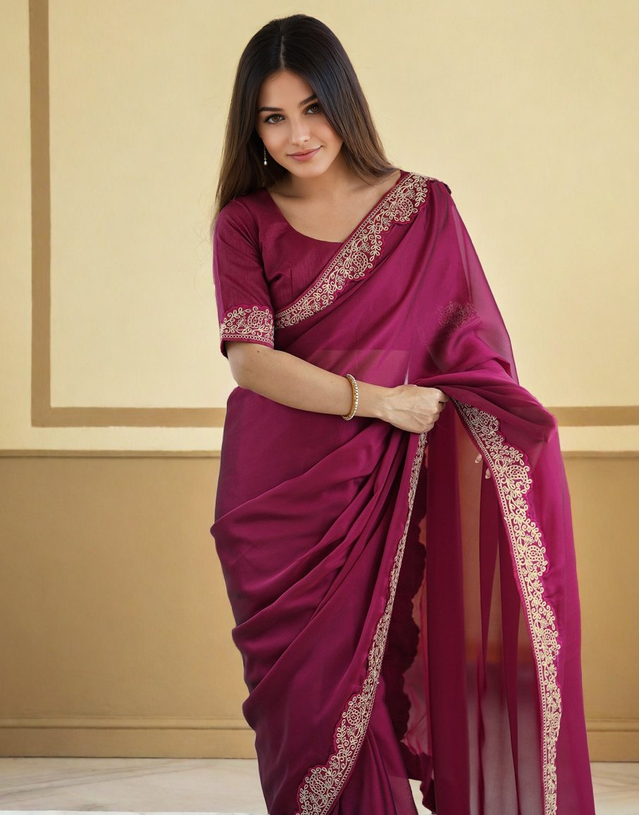Lorenvalley Fashion Dark Magenta Rangoli Silk with Coding Lace Work Saree with Blouse