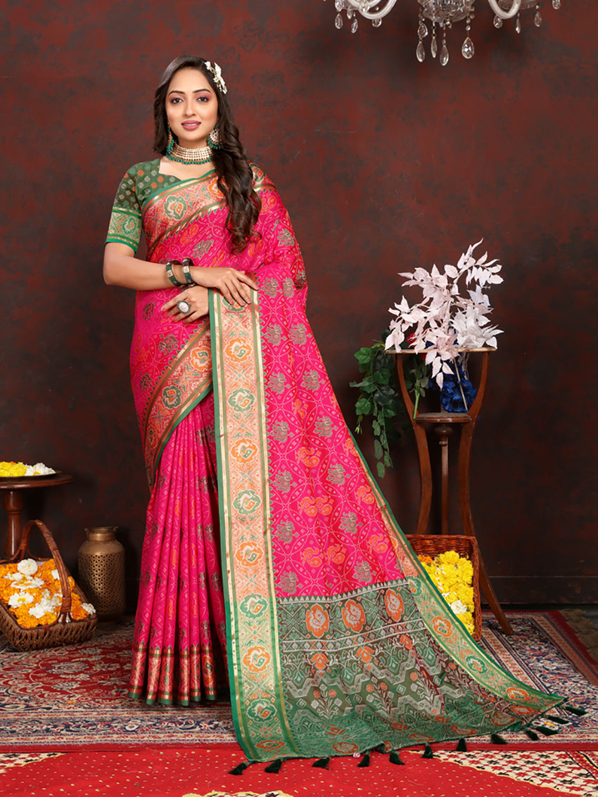 Lorenvalley Fashion Magenta Patola Silk Woven Design with Zari Meenakari Weaving motifs Pallu Saree