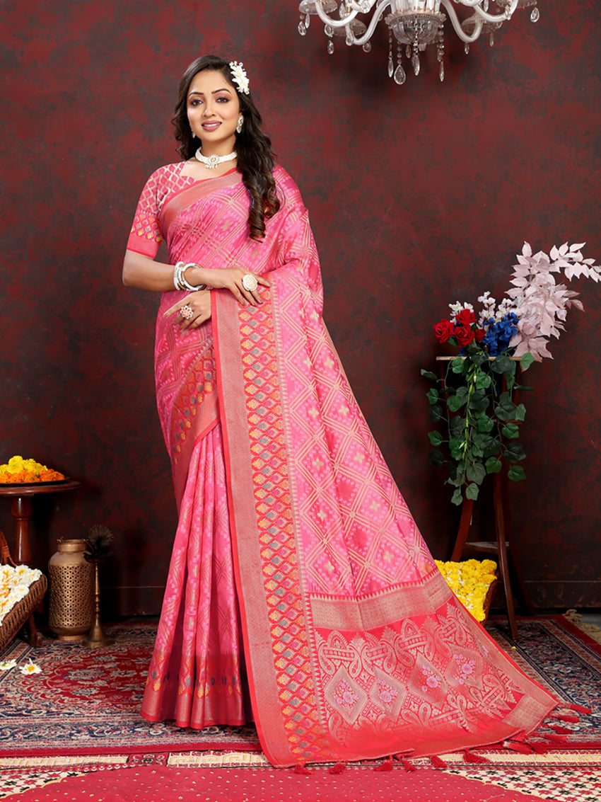 Lorenvalley Fashion Magenta Organza Silk Woven Design with Rich Meenakari Weaving Pallu Saree