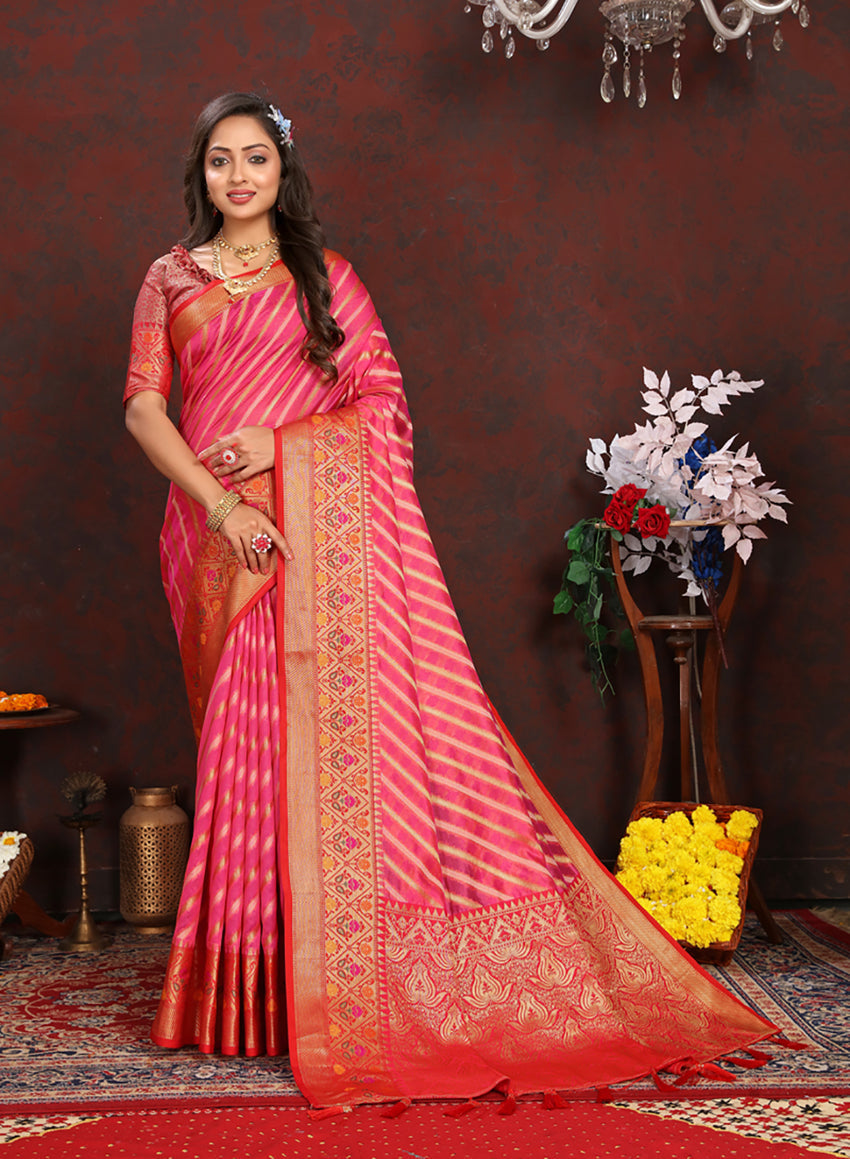 Lorenvalley Fashion Magenta Organza Silk Woven Design with Rich Meenakari Weaving Pallu Saree