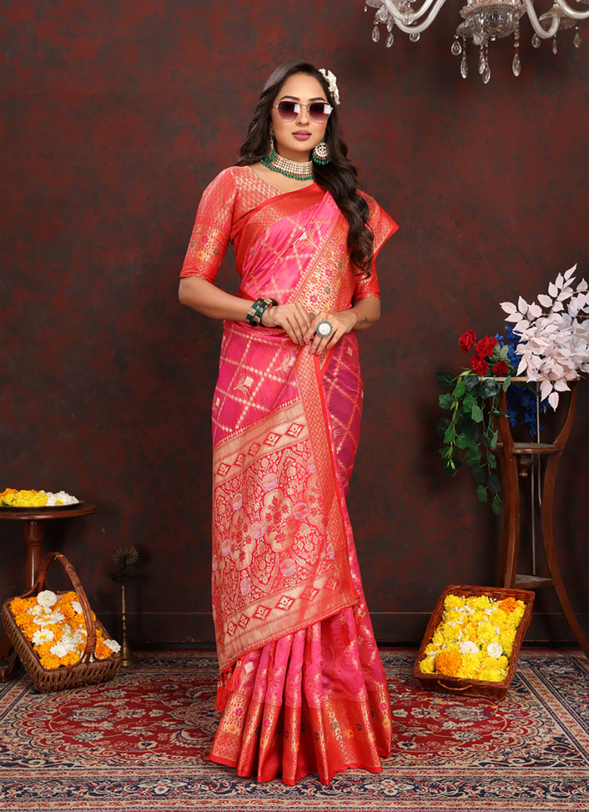 Lorenvalley Fashion Magenta Organza Silk Woven Design with Rich Meenakari Weaving Pallu Saree