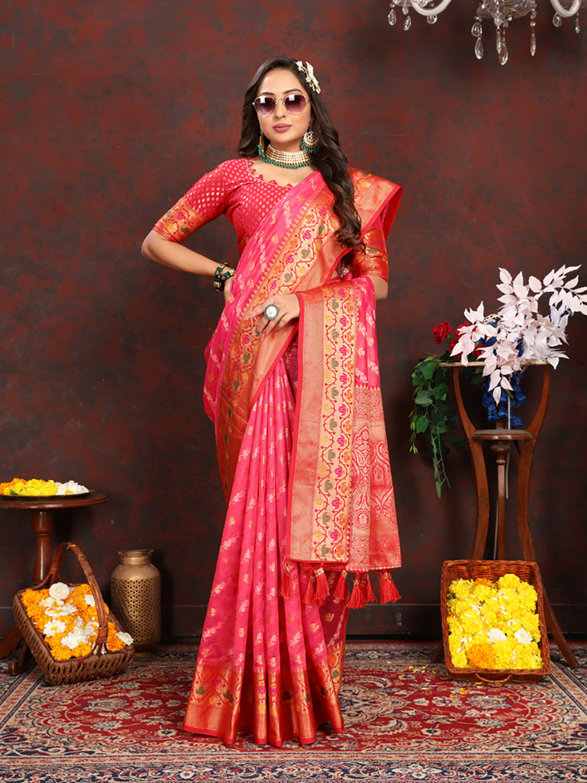 Lorenvalley Fashion Magenta Organza Silk Woven Design with Rich Meenakari Weaving Pallu Saree