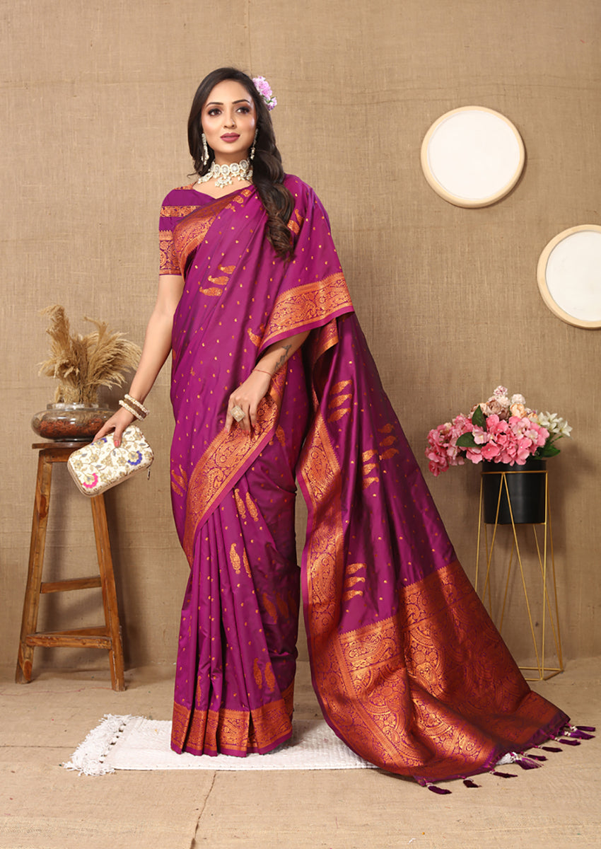 Lorenvalley Fashion Magenta Soft Silk Copper Zari weaving Design Saree
