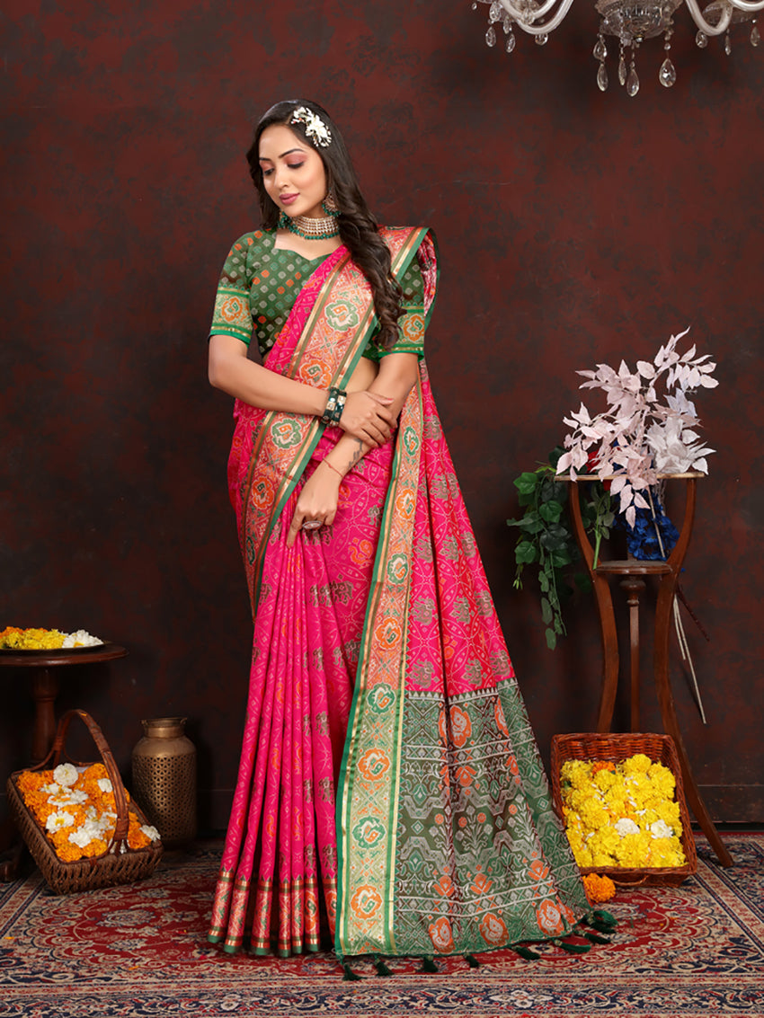 Lorenvalley Fashion Magenta Patola Silk Woven Design with Zari Meenakari Weaving motifs Pallu Saree