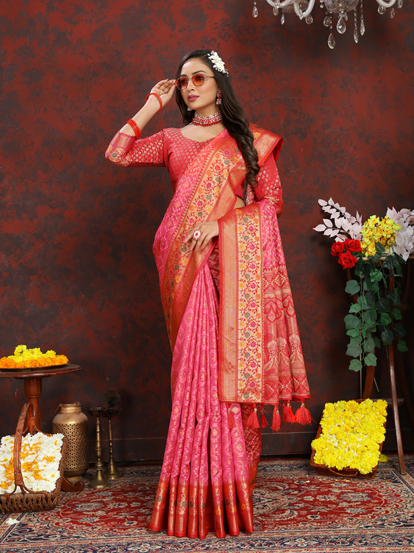 Lorenvalley Fashion Magenta Organza Silk Woven Design with Rich Meenakari Weaving Pallu Saree