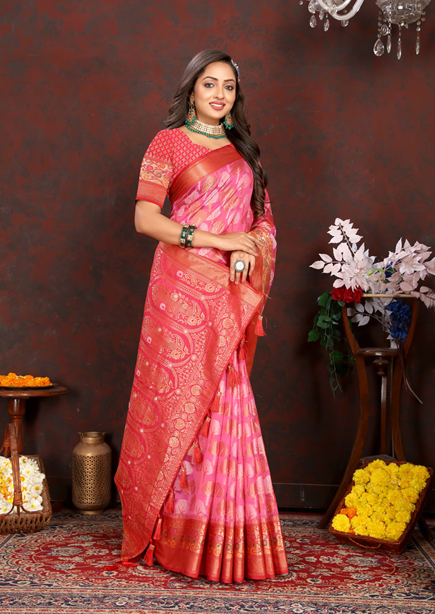 Lorenvalley Fashion Magenta Organza Silk Woven Design with Rich Meenakari Weaving Pallu Saree