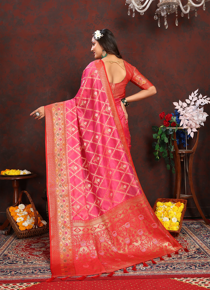 Lorenvalley Fashion Magenta Organza Silk Woven Design with Rich Meenakari Weaving Pallu Saree