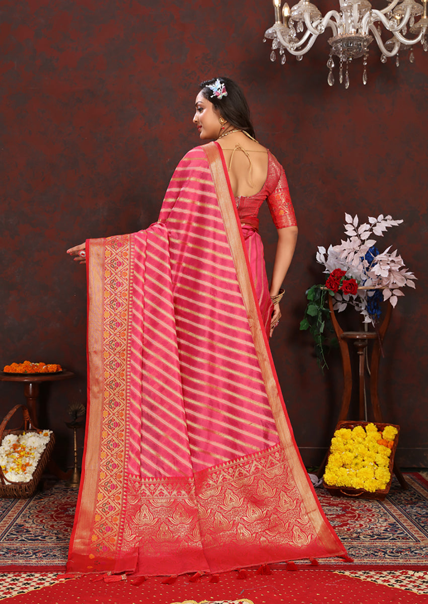 Lorenvalley Fashion Magenta Organza Silk Woven Design with Rich Meenakari Weaving Pallu Saree