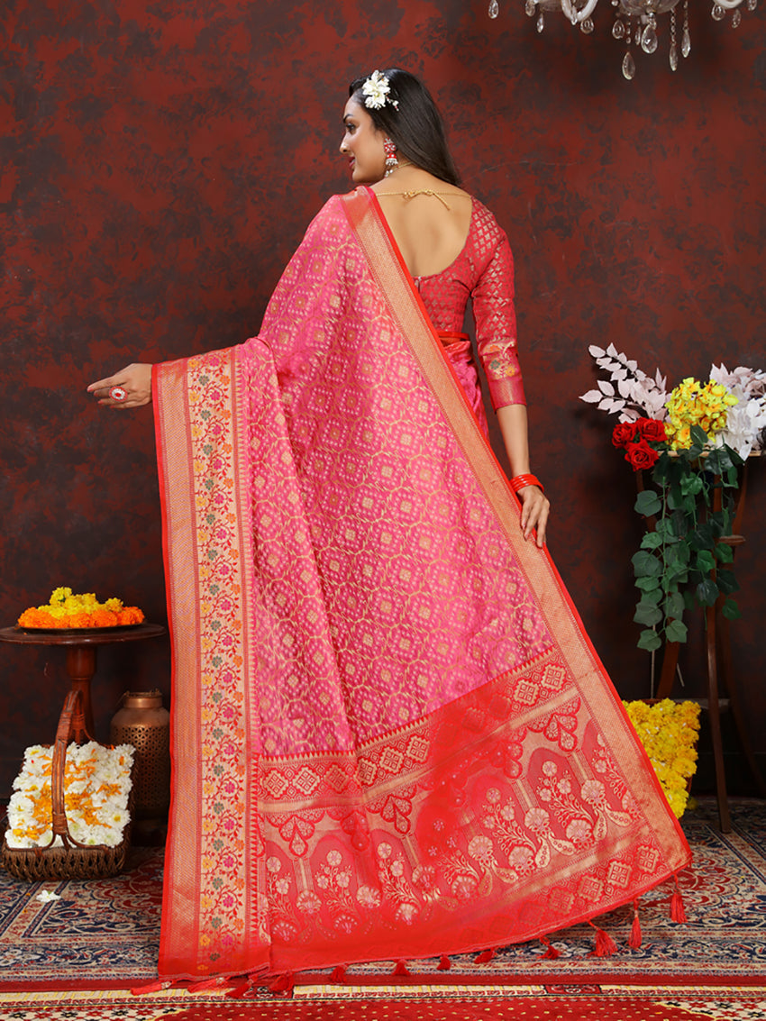 Lorenvalley Fashion Magenta Organza Silk Woven Design with Rich Meenakari Weaving Pallu Saree