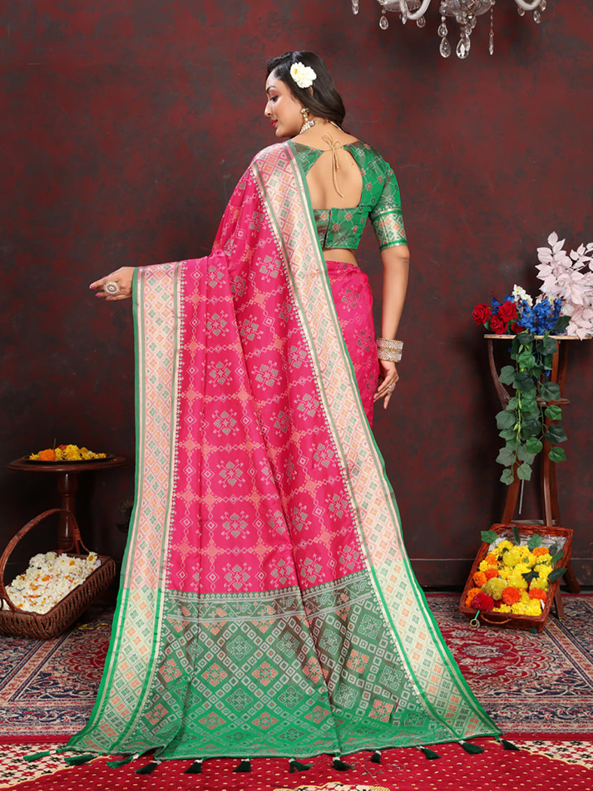 Lorenvalley Fashion Magenta Patola Silk Woven Design with Zari Meenakari Weaving motifs Pallu Saree