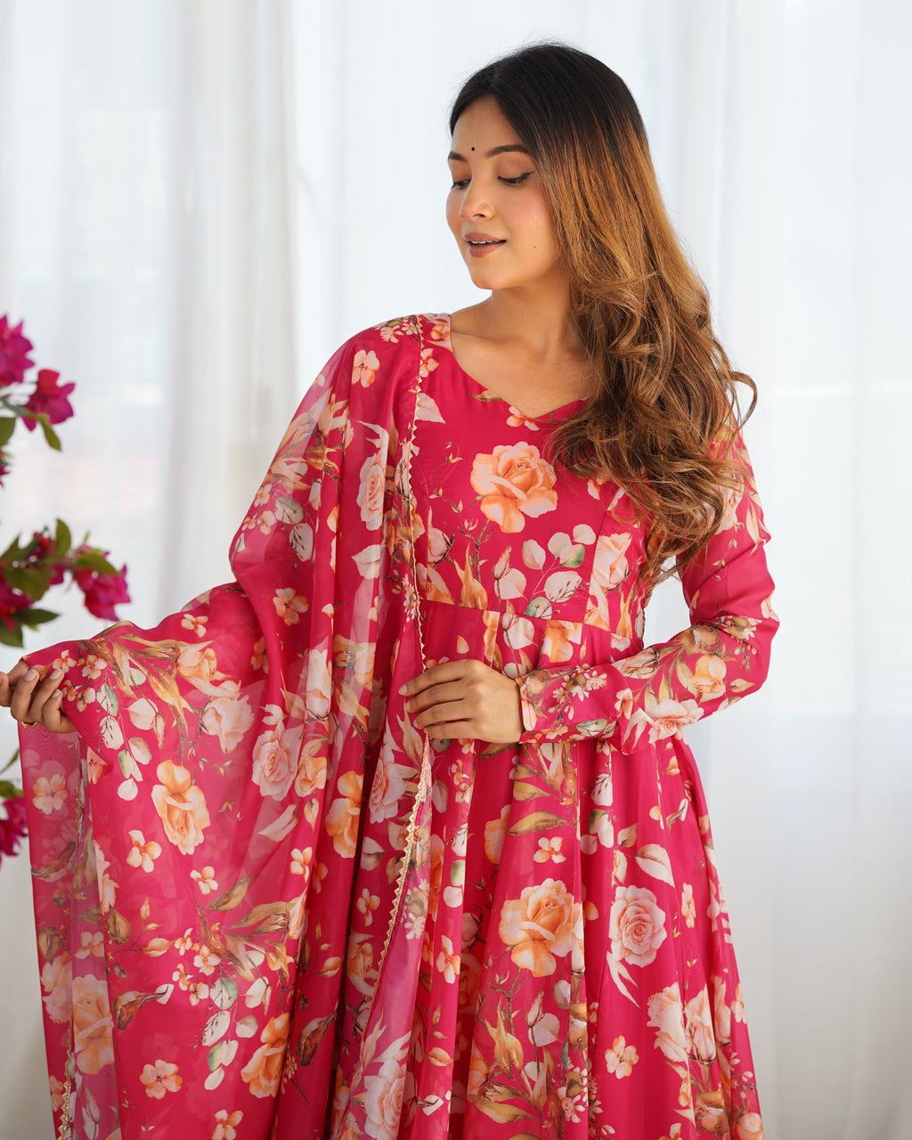 Lorenvalley Magenta Soft Organza Silk With Floral Print Fully Flared Anarkali Pant With Dupatta Set