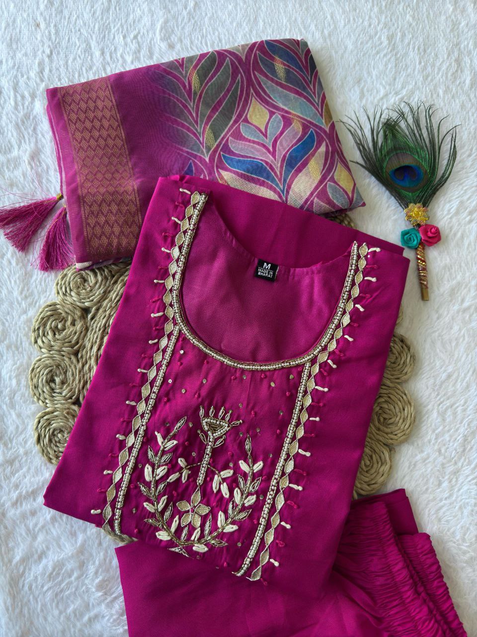 Lorenvalley Fashion Magenta Roman Silk Hand Work Kurta Pant with Dupatta