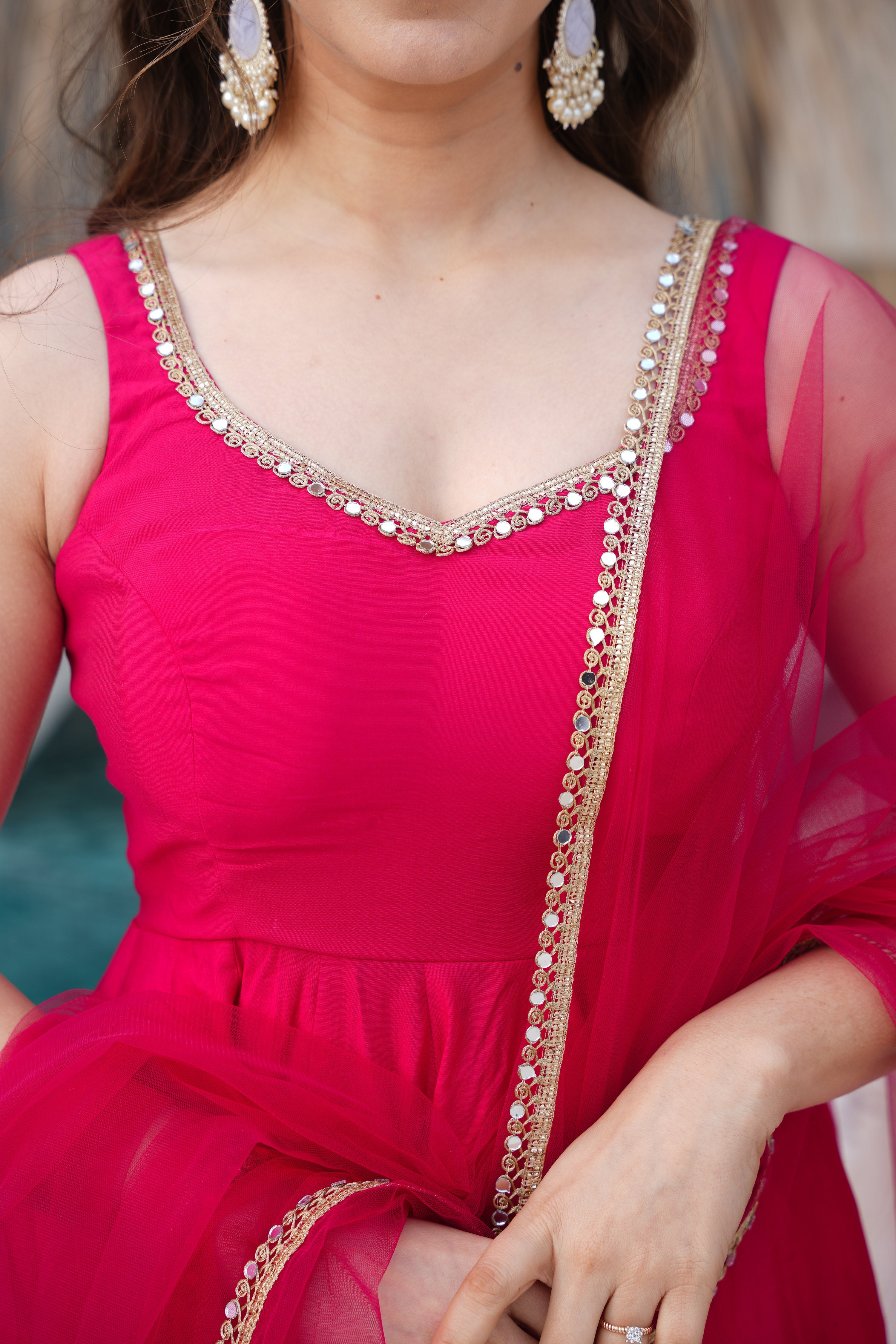 Lorenvalley Magenta Pure Romansilk Chanderi Fabric Yoke Fancy Lace Work Anarkali Kurta Pant With Dupatta Set