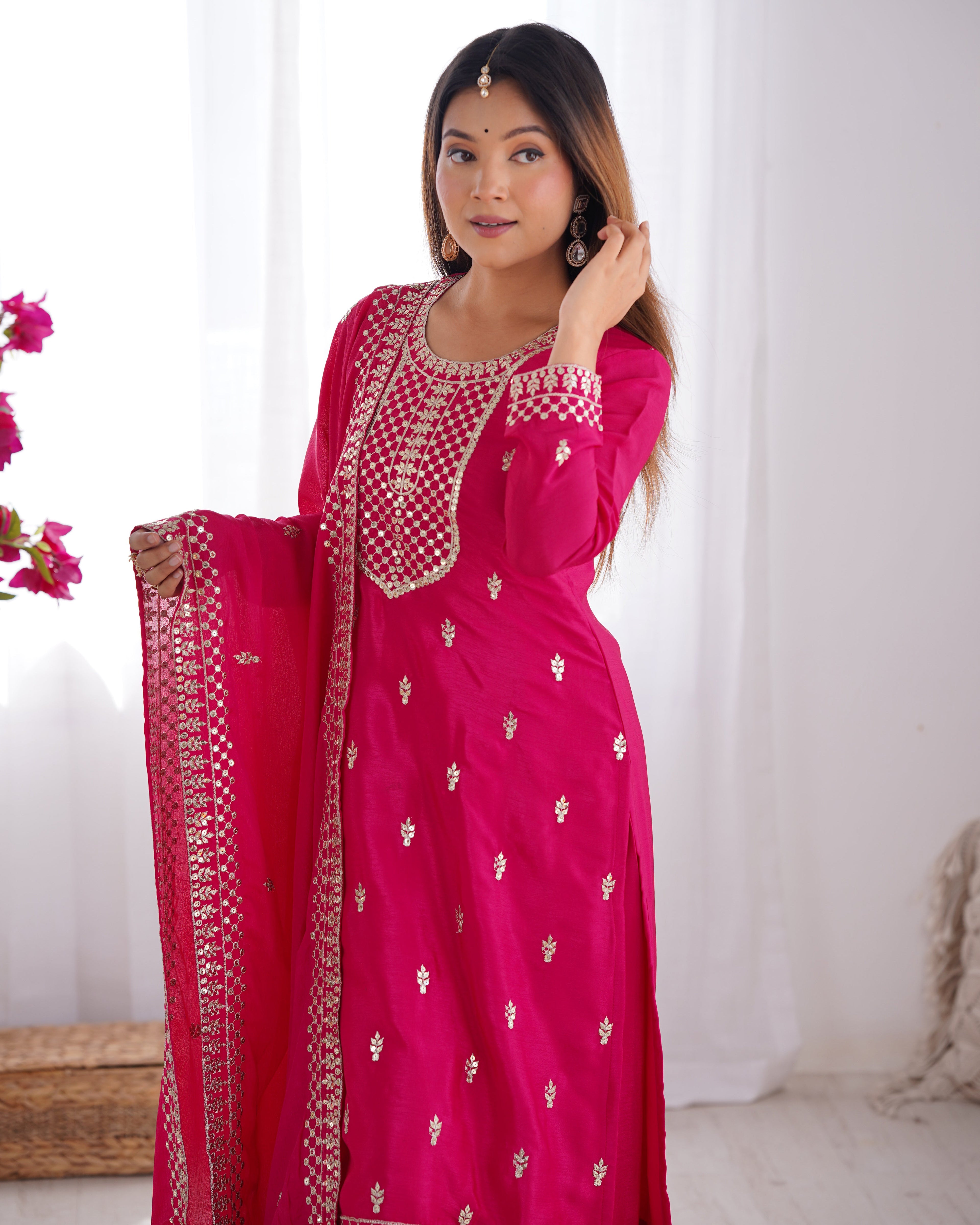 Lorenvalley Magenta Chinon Silk Embroidery Sequence and Jari Work Kurta Trousers with Dupatta Set