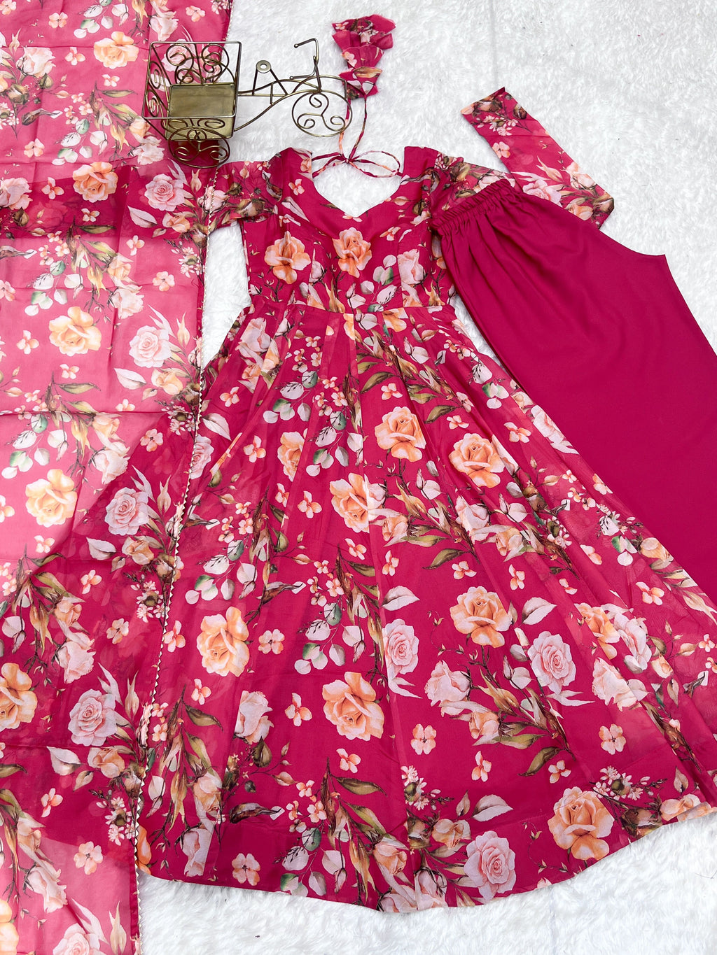 Lorenvalley Magenta Soft Organza Silk With Floral Print Fully Flared Anarkali Pant With Dupatta Set