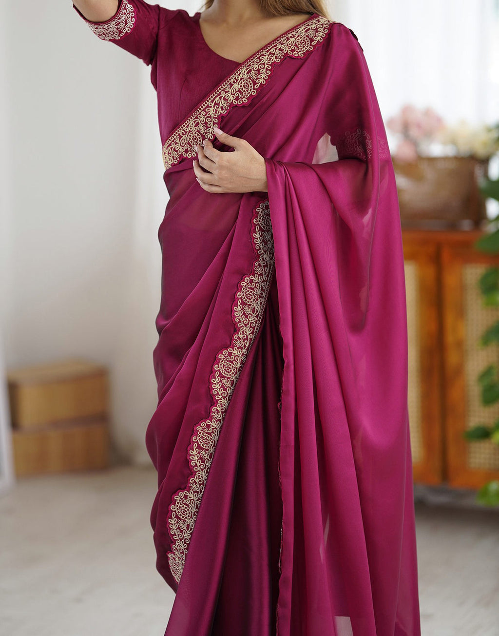 Lorenvalley Fashion Dark Magenta Rangoli Silk with Coding Lace Work Saree with Blouse