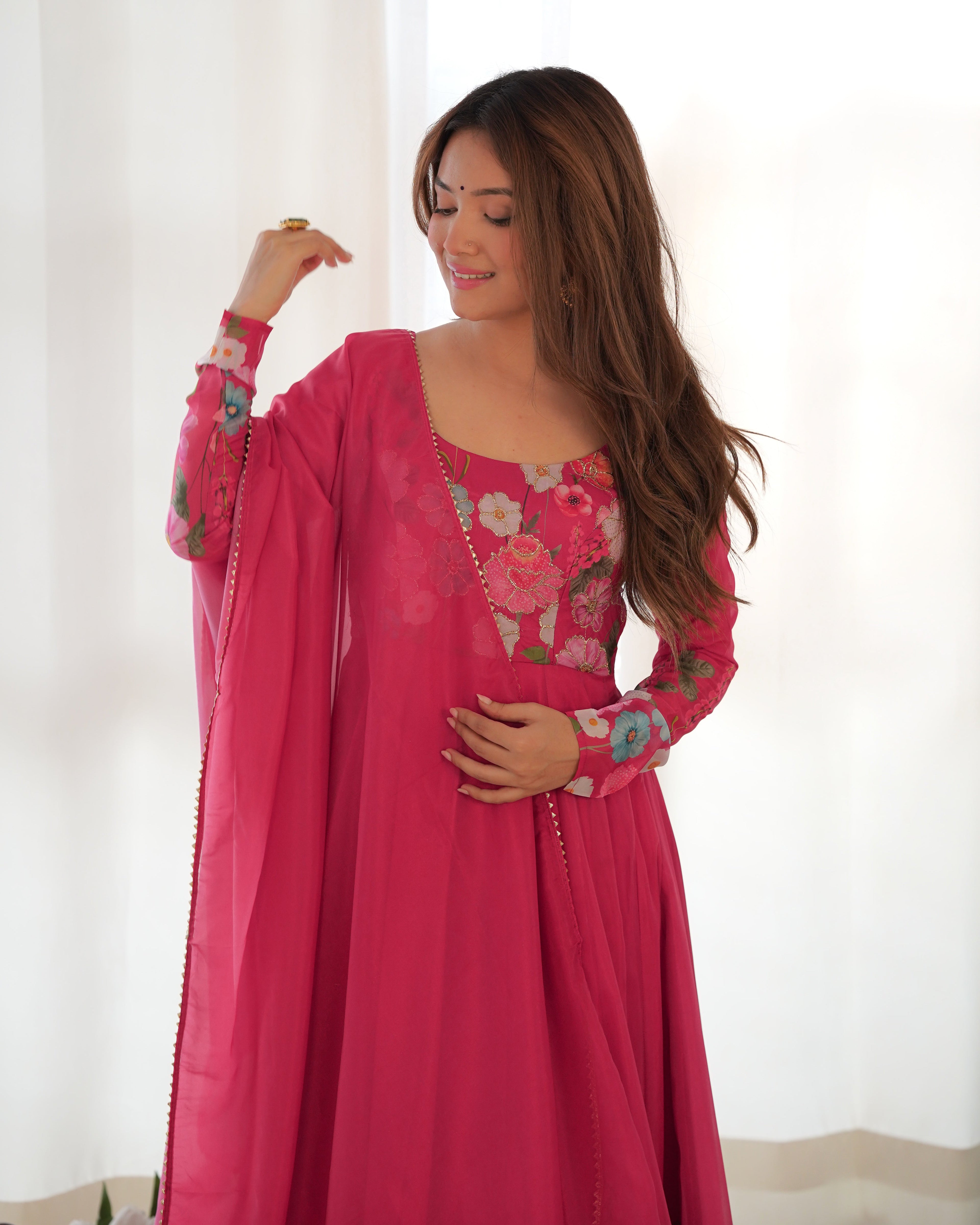 Lorenvalley Parrot Soft Organza Silk With Floral Print Fully Flared Anarkali Pant With Dupatta Set - Magenta