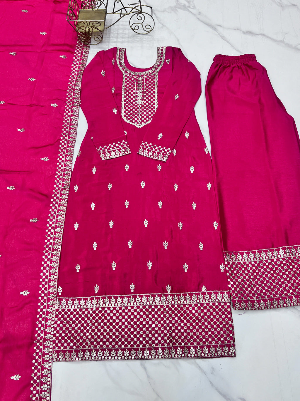 Lorenvalley Magenta Chinon Silk Embroidery Sequence and Jari Work Kurta Trousers with Dupatta Set