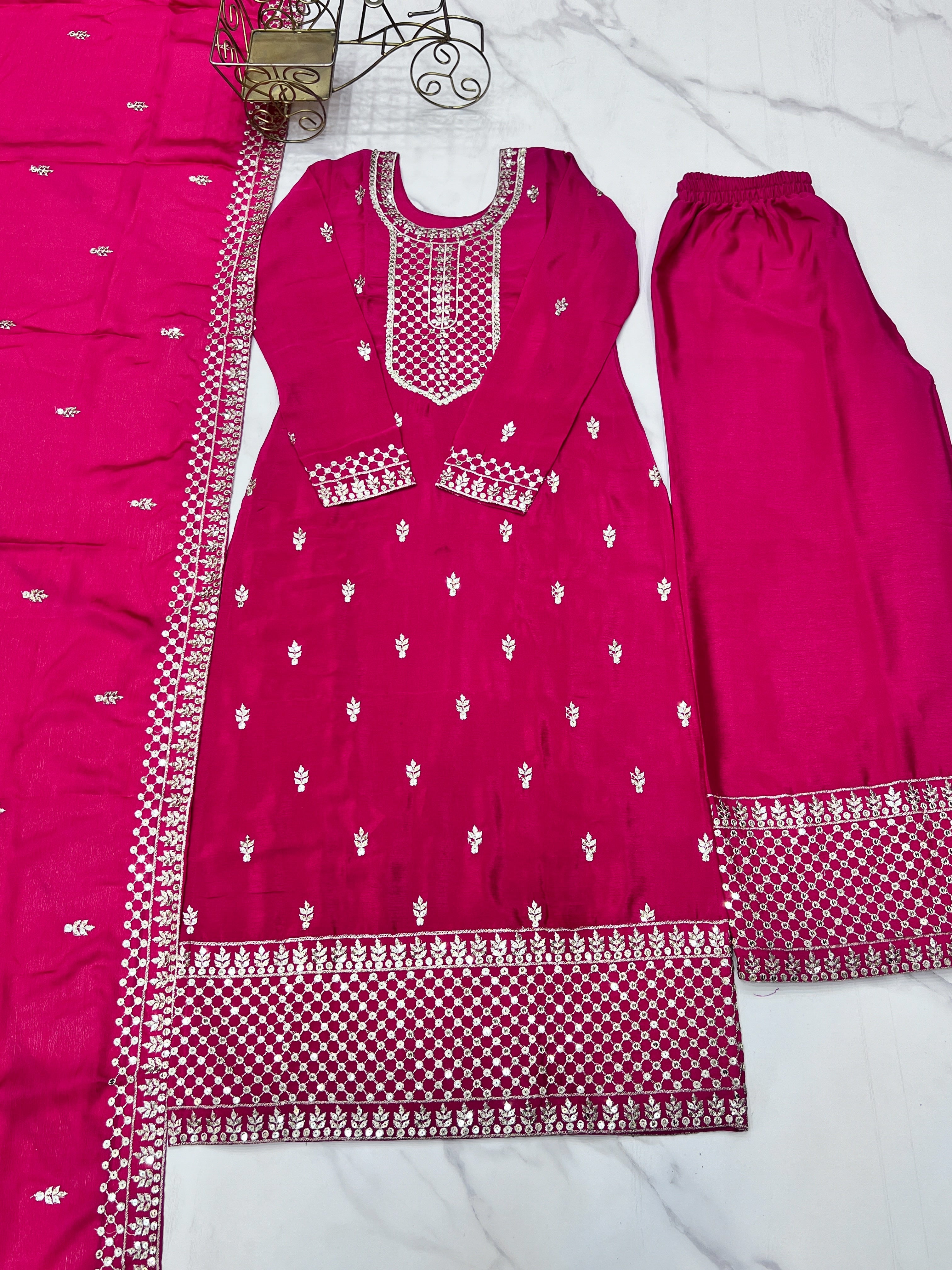 Lorenvalley Magenta Chinon Silk Embroidery Sequence and Jari Work Kurta Trousers with Dupatta Set