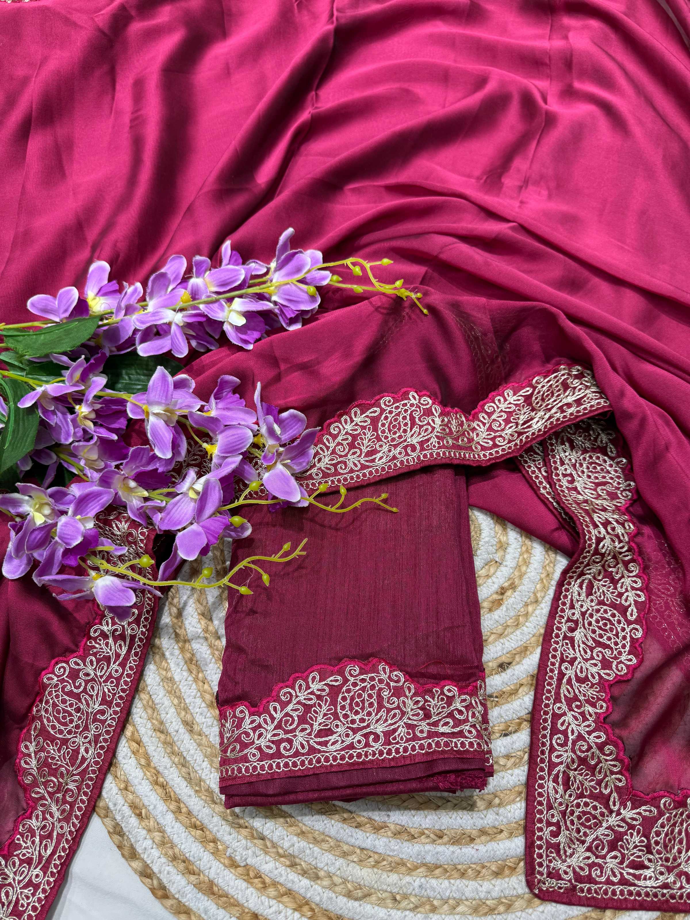 Lorenvalley Fashion Dark Magenta Rangoli Silk with Coding Lace Work Saree with Blouse