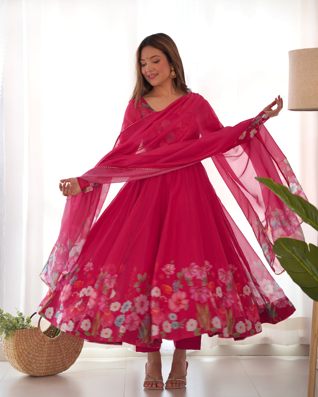 Lorenvalley Parrot Soft Organza Silk With Floral Print Fully Flared Anarkali Pant With Dupatta Set - Magenta