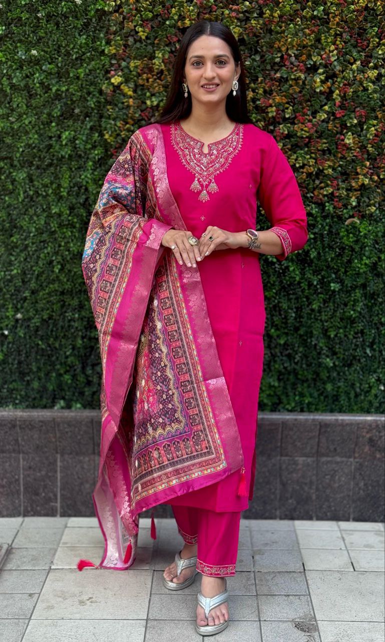 Lorenvalley Fashion Magenta Roman Silk Embroidery Multi Work Kurta Pant with Dupatta