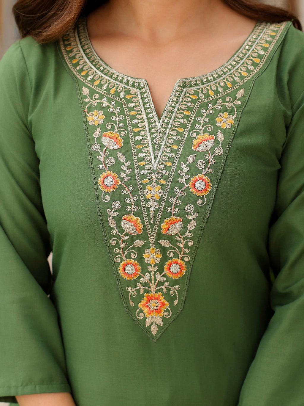 The52 Women's Gorgeous Rayon Embroidery work Straight Kurta with Pant and Dupatta Set