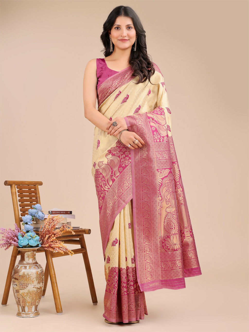 Shree Shyam Fashion Banarasi Silk Cream & Magenta Saree