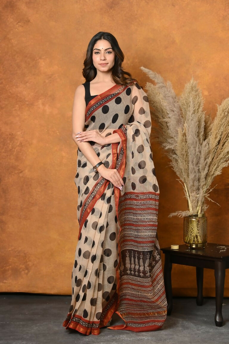 Very Much Indian Handblock Printed Cotton Saree With Natural Dyes - White