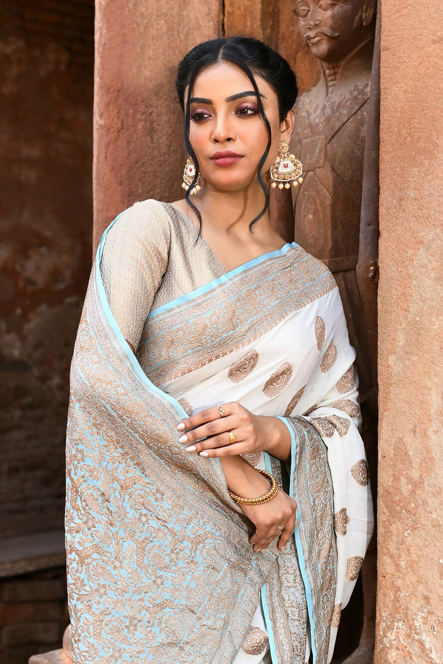 Joban Fashion Light Sky Blue Crepe Chiffon Pure Handloom Banarasi Silk Saree