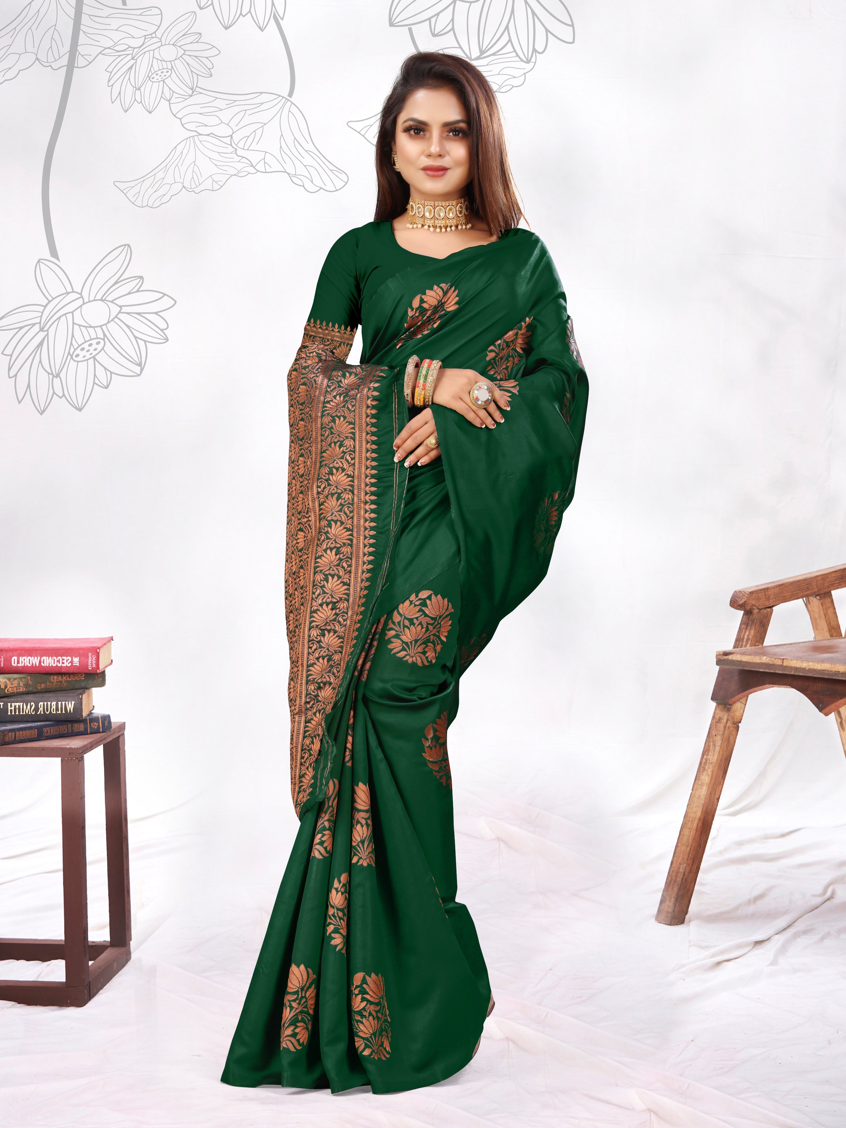 Vedant Vastram Litchi Silk Designer Banarasi Saree - Green