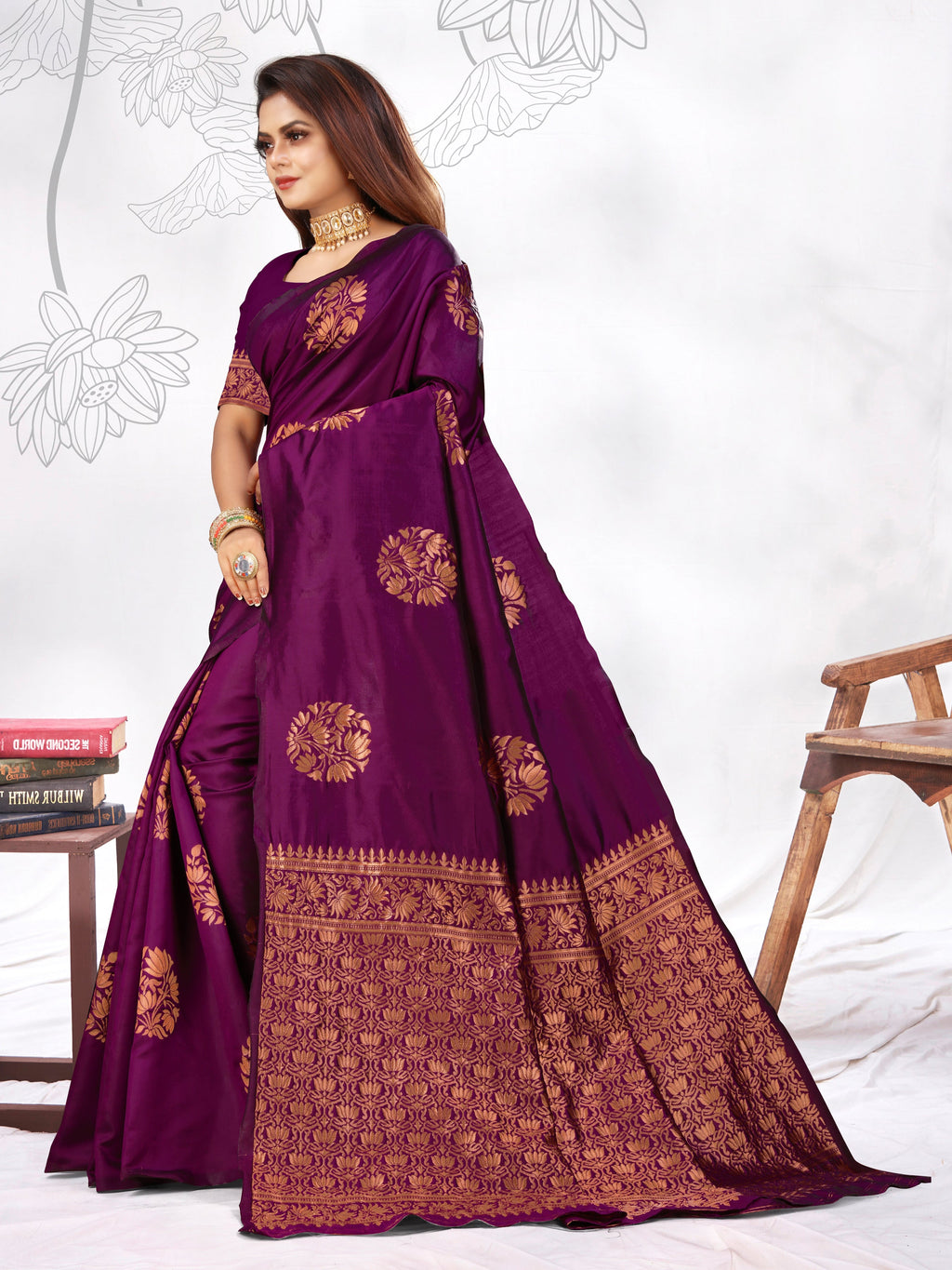 Vedant Vastram Litchi Silk Designer Banarasi Saree - Wine