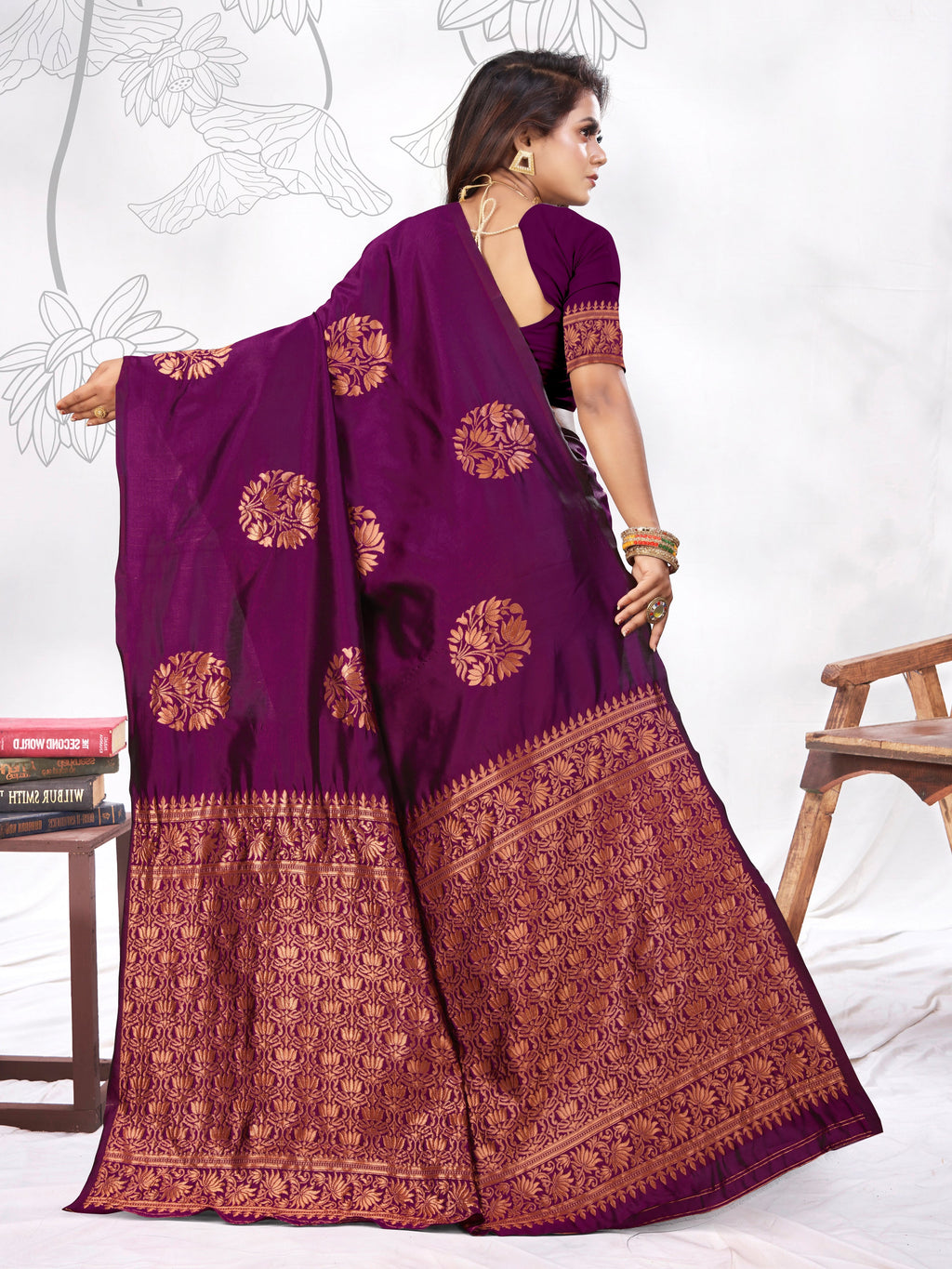 Vedant Vastram Litchi Silk Designer Banarasi Saree - Wine