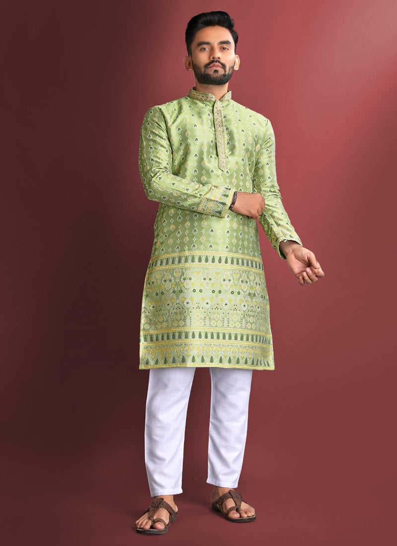 Prazu Fashion Light Green Jacquard Silk Amboj Work Kurta