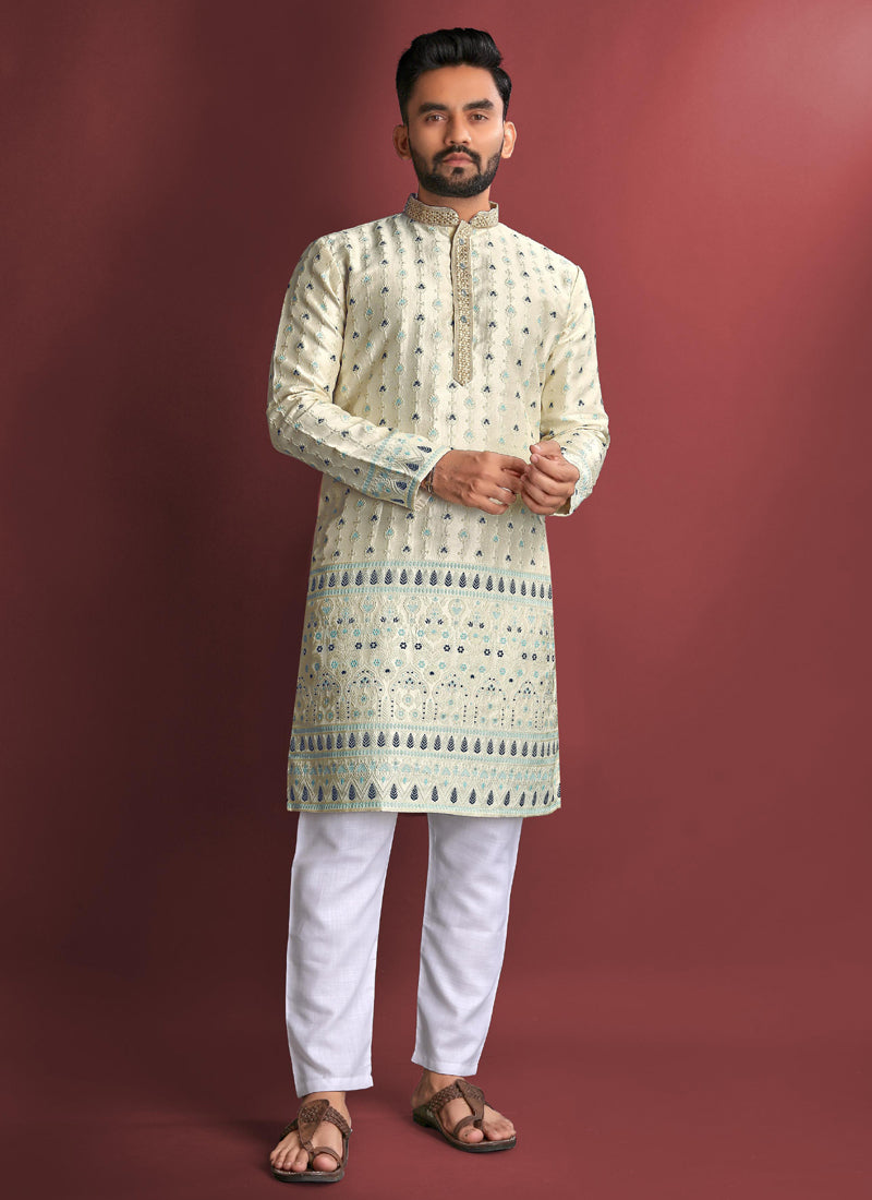 Prazu Fashion Off White Jacquard Silk Amboj Work Kurta