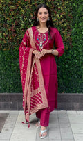 Lorenvalley Fashion Maroon Roman Silk Hand Work Kurta Pant with Dupatta