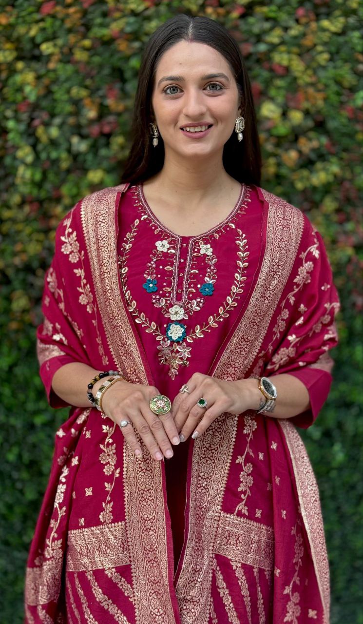 Lorenvalley Fashion Maroon Roman Silk Hand Work Kurta Pant with Dupatta